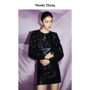 Mandy Zhang法式設計感重工黑色亮片短外套女春秋季高級感氣質(zhì)上衣 耀夜黑-短外套 S