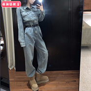 柏潮感復古港味牛仔連身褲女202冬季長(cháng)袖連體衣高腰闊 藍色+腰帶高收藏關(guān)注店鋪優(yōu)先發(fā) S (建議80-95斤)