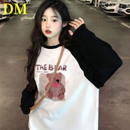 DALEY MODE黑白拼色插肩長(cháng)袖t恤女圓領(lǐng)t恤寬松百搭休閑體恤中長(cháng)款上衣百搭女 黑白拼接花色13 M