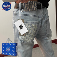 NASALIKE秋季新款刺繡字母牛仔褲男網(wǎng)紅同款潮牌百搭修身小腳直筒九分褲子 淺藍 刺繡D字母888 (高質(zhì)量) 29
