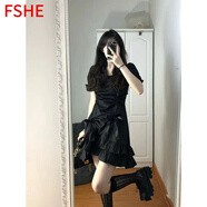 FSHE赫本風(fēng)泡泡袖法式方領(lǐng)抽繩黑色連衣裙女2025夏季新款小眾魚尾裙子 S229_#黑色 XL _建議110-120斤