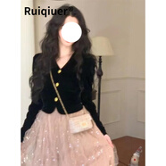 RUIQIUER連衣裙女春秋季新款女裝法式復古絲絨上衣蕾絲亮片兩件套套裝裙子 黑色上衣+粉色半裙 S