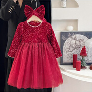 迪士尼女童冬連衣裙圣誕節服裝小女孩洋氣公主裙兒童紅色絲絨裙子加絨 亮片紅色加絨 100 cm