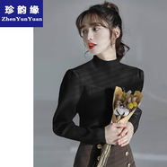 珍韻緣半高領(lǐng)針織衫女毛衣2024春秋季新款泡泡袖設(shè)計(jì)感 黑色 S