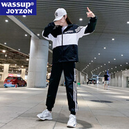WASSUP JOYZON春秋新款品牌運(yùn)動(dòng)套裝女寬松大碼加絨學(xué)生青年休閑跑步服兩件套潮 黑白色（春秋款兩件套） L（建議115-135斤）