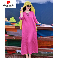 皮爾卡丹（pierre cardin）中式棉麻復古國風(fēng)連衣裙重工刺繡民族夏季旗袍裙子中長(cháng)款七分袖 夏季涼爽-玫紅色 XL 建議120-140斤