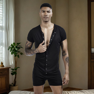 佑浩男寬松扣子連體內(nèi)衣彈性柔軟透氣舒適睡衣睡褲居家服內(nèi)穿衣物夏天 黑色 2XL