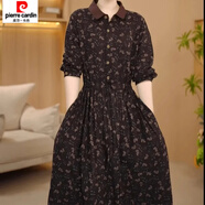 皮爾卡丹（pierre cardin）文藝碎花棉麻連衣裙女長(zhǎng)袖春秋新款收腰中長(zhǎng)款氣質(zhì)襯衫領(lǐng)裙子 咖啡色 碎花長(zhǎng)袖連衣裙 M 建議105斤以內(nèi)