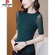 皮爾卡丹（pierre cardin）配半身裙的上衣短袖女V領(lǐng)收腰遮肚子顯瘦網(wǎng)紗T恤女木耳邊洋氣小衫 6238綠色 M