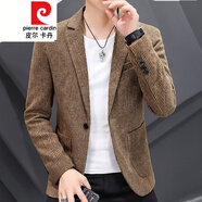 皮爾卡丹（pierre cardin）春秋燈芯絨小西裝男韓版潮流修身西服外套男士單西帥氣休閑上衣服 卡其色 4XL