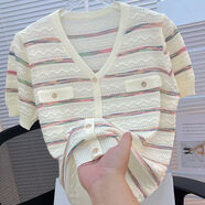 恒源祥2025新款夏季漸變色法式小香風(fēng)條紋冰絲針織衫女士V領(lǐng)短袖薄款t恤 紫色條紋 (紐扣不開(kāi)解開(kāi)) S 建議85-95斤