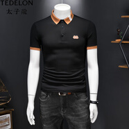 太子龍（TEDELON）潮牌Polo.衫男士夏季商務(wù)修身翻領(lǐng)撞色上衣感潮流刺繡短袖T恤 黑色 M