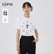 速品SUPIN女裝印花圓領(lǐng)T恤夏季新款寬松落肩休閑百搭上衣 N02本白 S