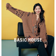 Basic House/百家好豹紋拼接V領(lǐng)開(kāi)衫外套秋冬破洞毛邊中長(cháng)款毛衣 橘色 均碼