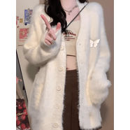 凡毅彩開(kāi)衫毛衣女冬款2025新款軟糯針織衫白色外套加絨寬松慵懶風(fēng)V領(lǐng) 軟糯蝴蝶胸針毛衣開(kāi)衫【奶白】 均碼 【建議120斤內】