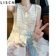 LISCN波西米亞背心連衣裙夏季民族風(fēng)復古V領(lǐng)氣質(zhì)無(wú)袖拼接海邊度假長(cháng)裙 圖片色  M [建議100斤-110斤內]