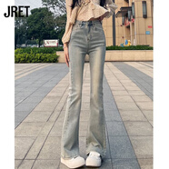 Jret小個(gè)子美式黃泥染微喇牛仔褲女夏季高腰顯瘦拖地做舊復(fù)古色喇叭褲 黃泥藍(lán) 長(zhǎng)褲款 身高156-165 M