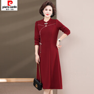 皮爾卡丹（pierre cardin）結(jié)婚禮服媽媽喜服春款旗袍春裝新款喜婆婆婚宴春秋冬連衣裙 2390酒紅色 5XL 【建議155-170斤左右】
