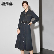 海青藍(lán)（CYANINE SEA）復(fù)古水洗牛仔襯衫連衣裙女2025春季新款氣質(zhì)時尚假兩件收腰中長裙 藍(lán)色 XL