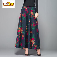 初徑媽媽棉麻半身裙春秋冬復古中長(cháng)款中老年女高腰松緊裙亞麻碎花長(cháng)裙 藍底百合花 單層 裙長(cháng)85cm 薄款 M 腰圍2.0-2.1尺 建議90-110斤
