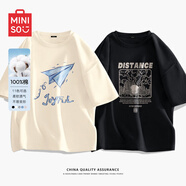 名創(chuàng)優(yōu)品（MINISO）短袖T恤男士夏季國(guó)潮衣服日系風(fēng)潮流男裝中學(xué)生純棉潮牌半袖體恤 淺米(折紙飛機(jī))+黑(大遠(yuǎn)方山云) L 175(體重120-140斤左右)