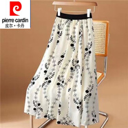 皮爾卡丹（pierre cardin）23夏季新款高腰雪紡印花遮跨顯瘦中長款a字大擺半身裙子女 杏色小花 L 建議115-130斤