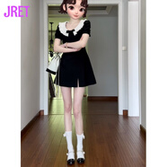 Jret大碼純欲娃娃領(lǐng)連衣裙女夏季微胖mm修身顯瘦甜美a字裙少女小黑裙 圖片色 2XL (建議135-155斤)