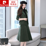 皮爾卡丹品牌輕奢高檔 2022年秋季新款呢子氣質(zhì)套裝裙女羊毛毛呢兩件套套裝連衣裙秋冬氣質(zhì)女裝針織 墨綠格 L 【103-112斤】