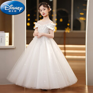 迪士尼（Disney）兒童禮服公主裙夏季女童鋼琴演出服花童婚紗畢業(yè)主持人蓬蓬紗裙子 1938長裙[白色] 收藏帶皇冠 110 cm