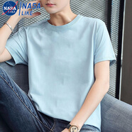 NASALIKE【100%純棉】t恤男純棉短袖夏季青年半袖打底衫百搭上衣體恤男裝 純色-淺藍(lán) M (建議80-100斤)