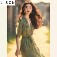 LISCN綠色雪紡連衣裙女2024新款夏季新中式小立領(lǐng)超仙女薄荷曼波風(fēng)長(zhǎng)裙 綠色 XL