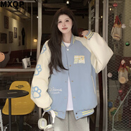 MXQP美式撞色貓咪刺繡外套女2025新款寬松甜美學(xué)院風(fēng)百搭情侶夾克上衣 A21天藍(lán)色 【皮袖雙層寬松版】 L 【建議100-125斤】