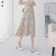 茵侈百搭碎花半身裙女夏新款a字裙顯瘦高腰印花中長(cháng)裙小雛菊花裙 黃色-松緊腰【收藏優(yōu)先發(fā)貨m】 L -  106-120斤【高品質(zhì)】
