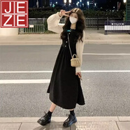 JEZE赫本學(xué)院風(fēng)拼接假兩件連衣裙女收腰顯瘦氣質(zhì)減齡甜美溫柔風(fēng)小黑裙 1056#黑色【z】 S 建議80-90斤