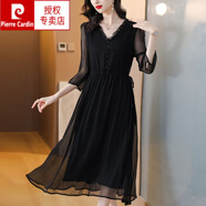 皮爾卡丹（pierre cardin）真絲連衣裙夏季中年媽媽氣質(zhì)2025春季新款純色高端大碼喬其紗裙子 黑色 2XL 建議125斤-135斤