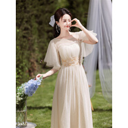 CamalgOri胖妹妹禮服女宴會(huì)晚禮服大碼200斤伴娘裙碼長(zhǎng)款2025春秋胖mm 顯瘦 香檳色亮片中長(zhǎng)款飄肩袖 3XL定制不退可以發(fā)過(guò)來(lái)修改尺 均碼