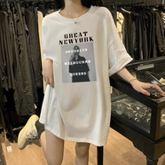 南啵丸歐美潮牌大版純棉短袖t恤女黑色高級(jí)感寬松中長(zhǎng)款上衣遮屁股體恤 白色 M