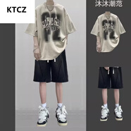 KTCZ短袖t恤套裝男生夏季潮流寬松一套搭配男裝痞帥氣牛仔短褲兩件套 杏色短袖+男裝短褲黑 M
