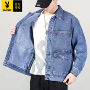 花花公子（PLAYBOY）多口袋牛仔外套男大碼夾克2025新款春秋款寬松工裝大口袋牛仔上衣 藍(lán)色 H109高質(zhì)量 XL 建議120-135斤
