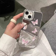 期尚新款適用蘋(píng)果16promax的手機(jī)殼鏡面iphone15帶鏡子14pro高級(jí)感14小眾i13韓系ins全包外殼補(bǔ)妝女款 電鍍鏡面殼【粉色蝴蝶】 iPhone16pro