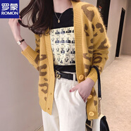 羅蒙（ROMON）早秋新款針織開(kāi)衫毛衣外套女寬松慵懶豹紋毛衣V領(lǐng)針織衫洋氣百搭 黃色 L 105-120