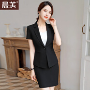 晨芙短袖小西裝女夏薄款職業(yè)西服套裝商務(wù)白領(lǐng)面試正裝酒店前臺工作服 黑色西裝+半裙 L 建議100-110斤