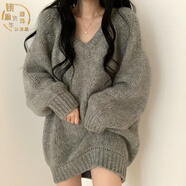 鏡渝先生毛線(xiàn)衣女寬松V領(lǐng)大毛衣女春秋裝顯瘦百搭中長(cháng)款慵懶風(fēng)針織衫外穿 灰色 M