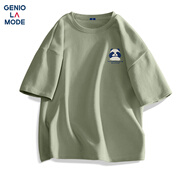 GENIOLAMODEt恤男純棉透氣夏季休閑時尚簡約印花百搭短袖男生衣服 棕綠 2XL