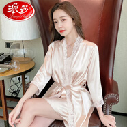 浪莎（LangSha）新款睡衣女春秋性感冰絲仿真吊帶睡裙五分袖睡袍兩件套家居服春夏 MQE-2106香檳色兩件套 2XL