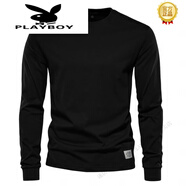 花花公子（PLAYBOY）T恤中青年簡(jiǎn)約百搭秋冬款純色白色打底衫重磅復古圓領(lǐng)衛衣上衣 060黑色 M -130斤