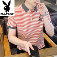 花花公子（PLAYBOY）夏季2025新款翻領(lǐng)條紋polo衫短袖t恤男裝休閑有領(lǐng)上衣服半袖T恤男 1025粉色 M 165
