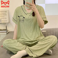 貓人（MiiOW）短袖長(cháng)褲睡衣女夏天可愛(ài)帕恰狗莫代爾加大碼300斤夏季家居服套裝 SYY#514草綠 3XL 【建議160-180斤】