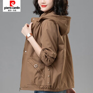 皮爾卡丹（pierre cardin）休閑女士短外套春秋裝新款寬松大碼中媽媽減齡連帽棒球服 咖色 3XL 【建議150-165斤】