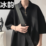 冰韻短袖男華夫格POLO衫夏季寬松休閑純色翻領(lǐng)上衣美式潮牌半拉鏈t恤 黑色 XL